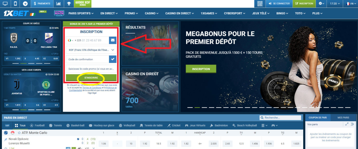 Connexion au compte 1xBet