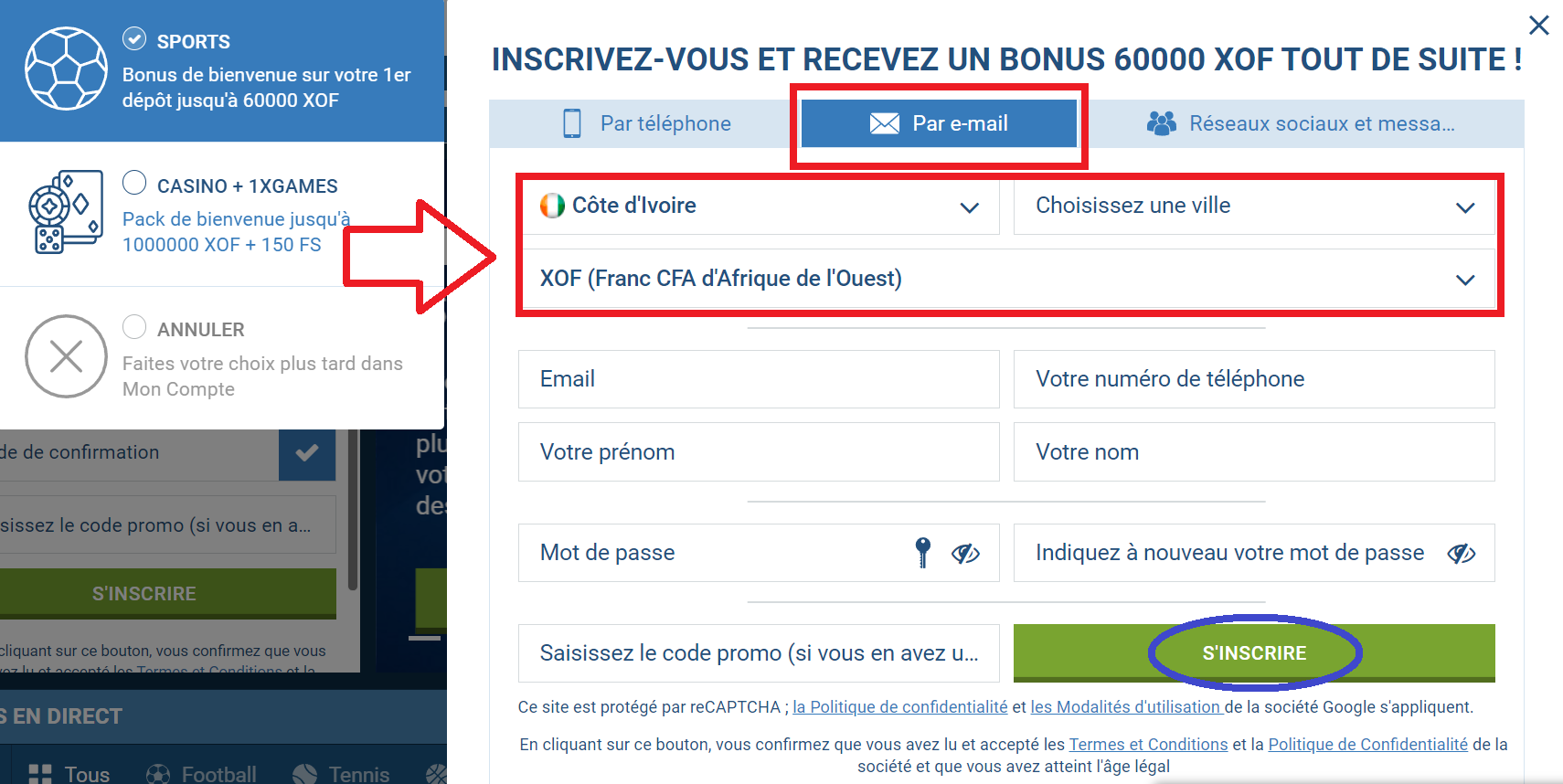 Processus d'inscription chez 1xBet ci